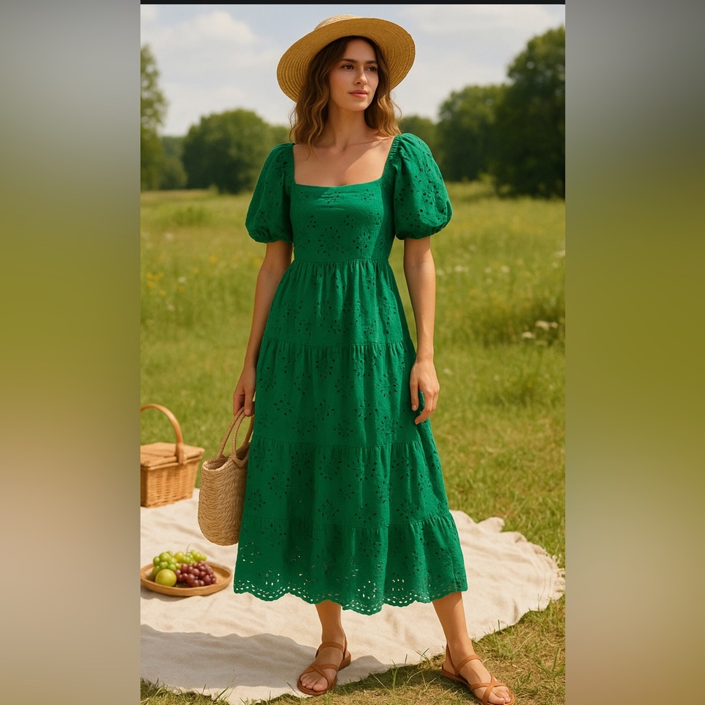 Green eyelet lace puff sleeve tiered smocked square neck dress size small new